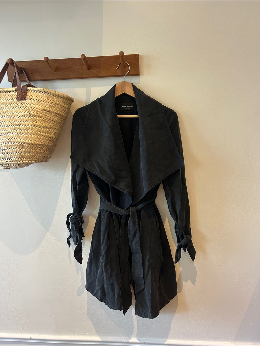 Club Monaco Black Draped Trench with Tie Waist